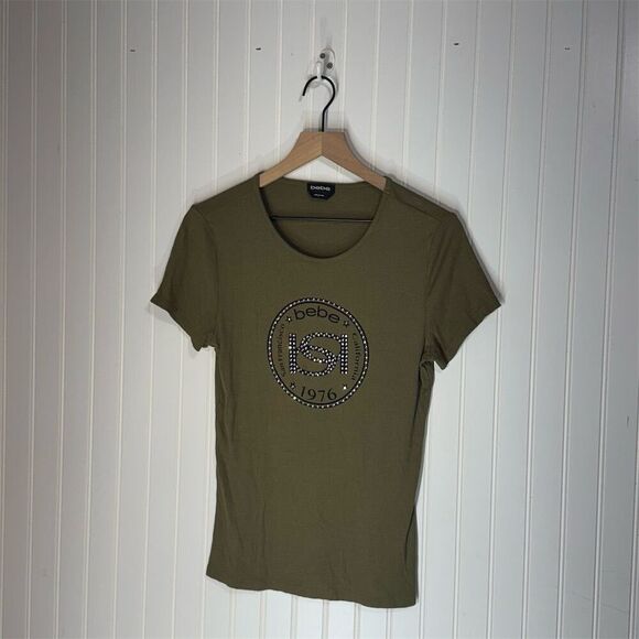 Bebe Olive Green Ribbed Rhinestone Logo Tee Shirt Top L Y2K Glam Stretch Bling - Picture 1 of 8